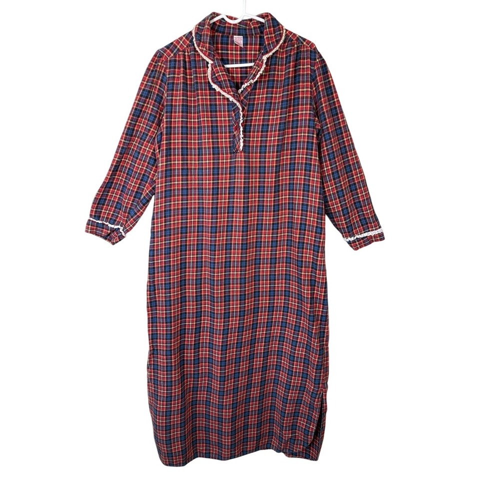 VTG  Sears Red Ruffle Plaid‎ Nightgown Sleep Shirt Button Up Collar M Hong Kong